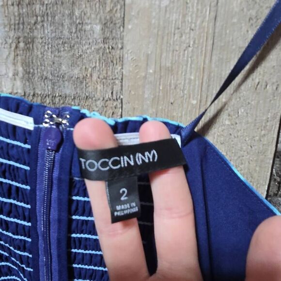 $445 Toccin NY Women's Blue Pleated Sarong Halter Mini Dress Size 2 - Picture 4 of 5